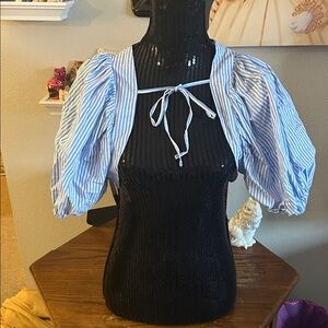 Anthropologie Blue Striped Puff Sleeve Blouse